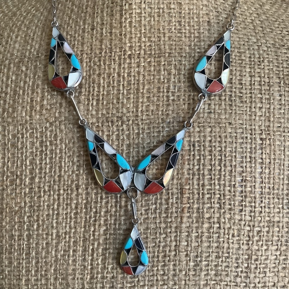 Vintage sterling Zuni mulit gemstone inlay drop necklace.